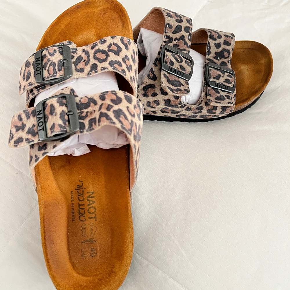 Naot Leopard-Print Double Buckle Slide Sandals in Tan and Black